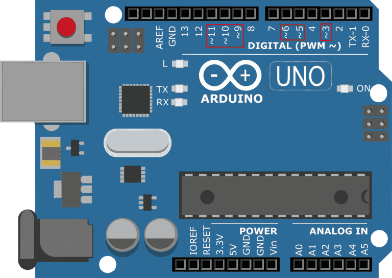 For Arduino tutorials, the digital IO pins with PWM feature are are labelled with a ~.